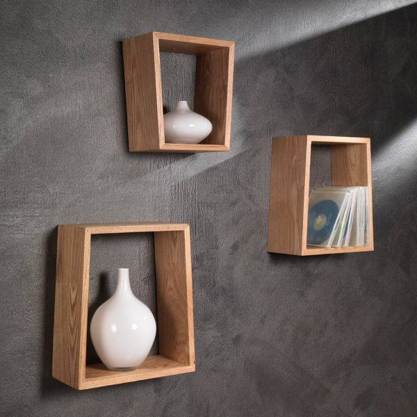 Set tre mensole brenda moderne a parete in legno di rovere cubi a ... Parete di mensole