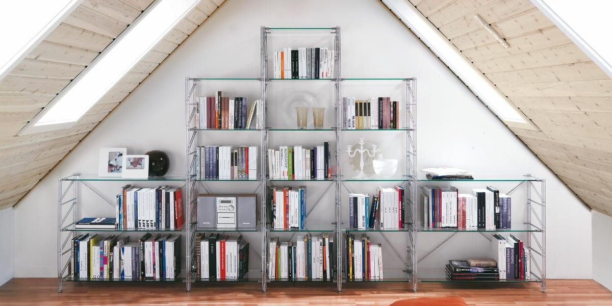 Teodor libreria da mansarda spiovente in acciaio e vetro 365 x 200 cm Comodino acciaio e vetro