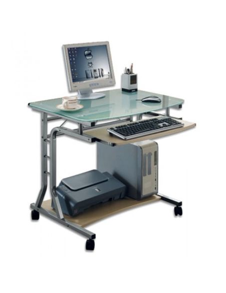 Scrivania per PC in metallo e vetro su ruote 80 x 60 cm per ufficio Scrivania per PC in metallo e vetro su ruote 80 x 60 cm per ufficio
