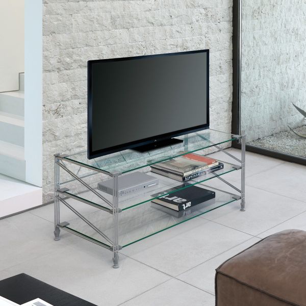 Tavolino porta TV in acciaio e vetro 100xh47 cm Socrate