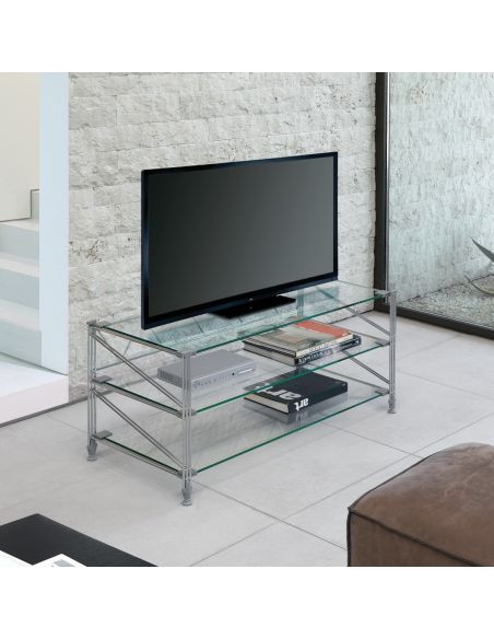 Tavolino porta TV in acciaio e vetro Socrate