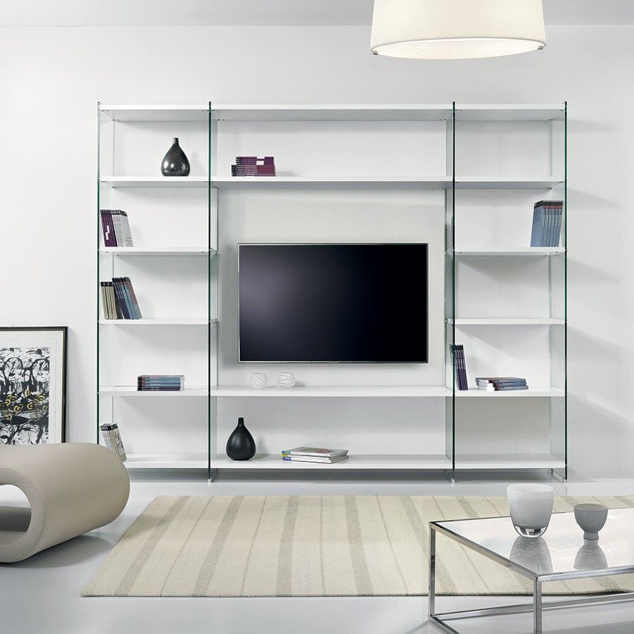 Libreria Porta Tv Da Parete In Legno E Vetro 250 X 200 Cm Byblos