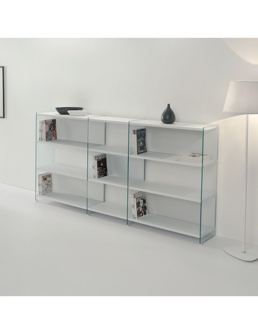 Libreria design separa ambienti in legno e vetro Tibor12