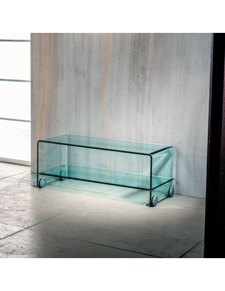 Tavolino porta TV su ruote in vetro curvato trasparente Leonid