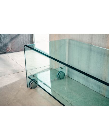 Tavolino porta TV su ruote in vetro curvato trasparente Leonid