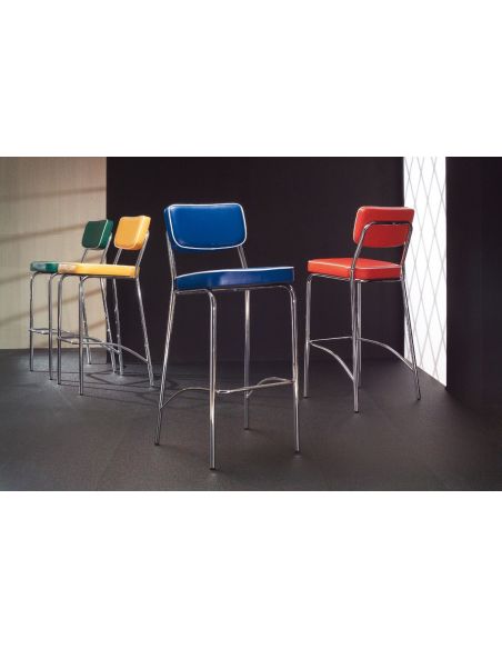 Sgabello imbottito design moderno in ecopelle e metallo cromato Derrien