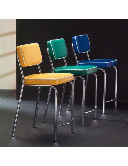 Sgabello imbottito design moderno in ecopelle e metallo cromato Derrien