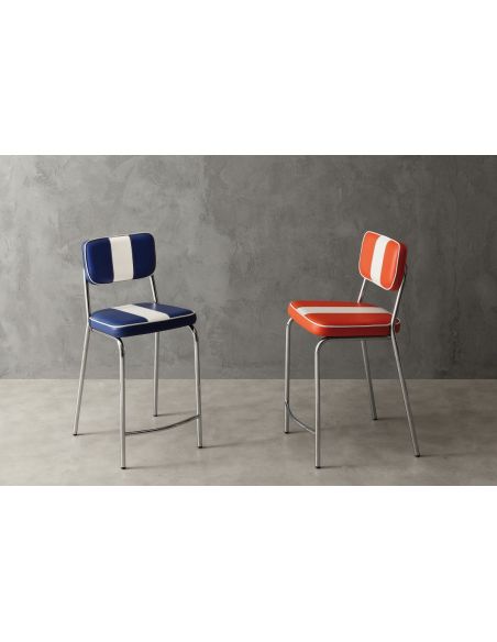 Sgabello imbottito design moderno in ecopelle e metallo cromato Derrien