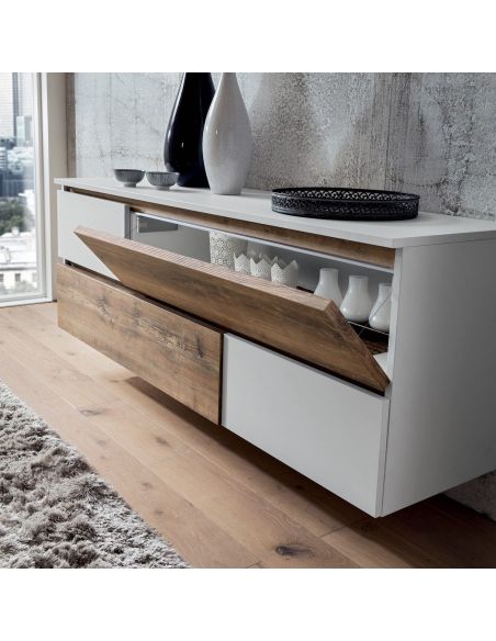 Credenza bassa design moderno in legno bianco e rovere Mikko