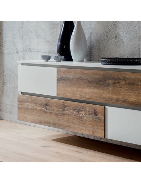 Credenza bassa design moderno in legno bianco e rovere Mikko
