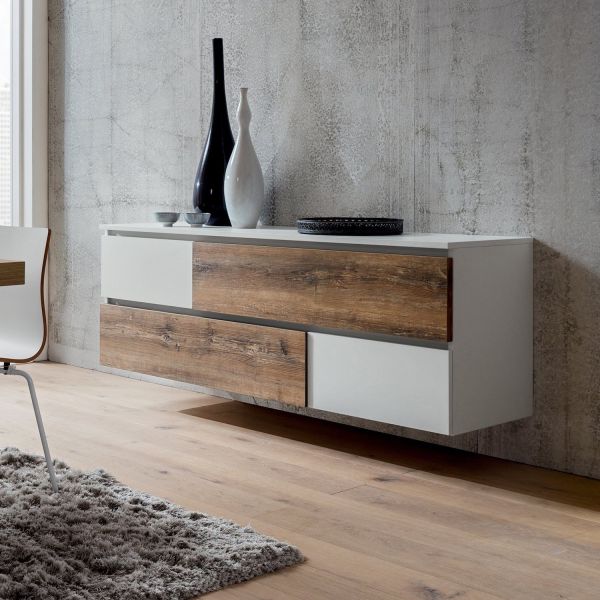 Credenza bassa design moderno in legno bianco e rovere Mikko