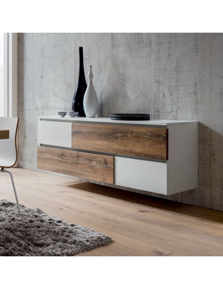 Credenza bassa design moderno in legno bianco e rovere Mikko