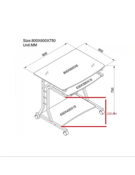 Scrivania per PC in metallo e vetro su ruote 80 x 60 cm per ufficio Scrivania per PC in metallo e vetro su ruote 80 x 60 cm per ufficio