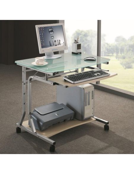 Scrivania per PC in metallo e vetro su ruote 80 x 60 cm per ufficio Scrivania per PC in metallo e vetro su ruote 80 x 60 cm per ufficio