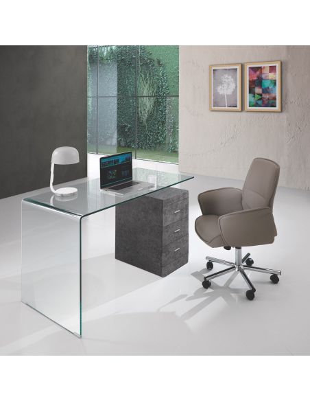 Scrivania in vetro e cassettiera con chiave Daren Cement
