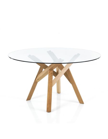 Tavolo da pranzo rotondo in legno massello e vetro Meredith Oak