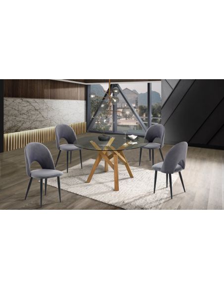 Tavolo da pranzo rotondo in legno massello e vetro Meredith Oak