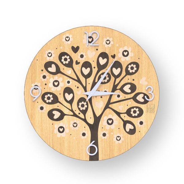 Orologio grande da parete in legno intagliato Tree Hearts Warm