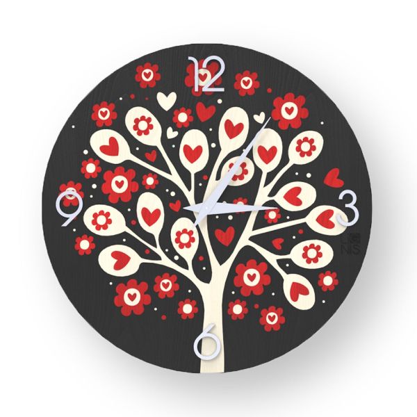 Orologio da parete design in legno intagliato Tree Hearts Colors