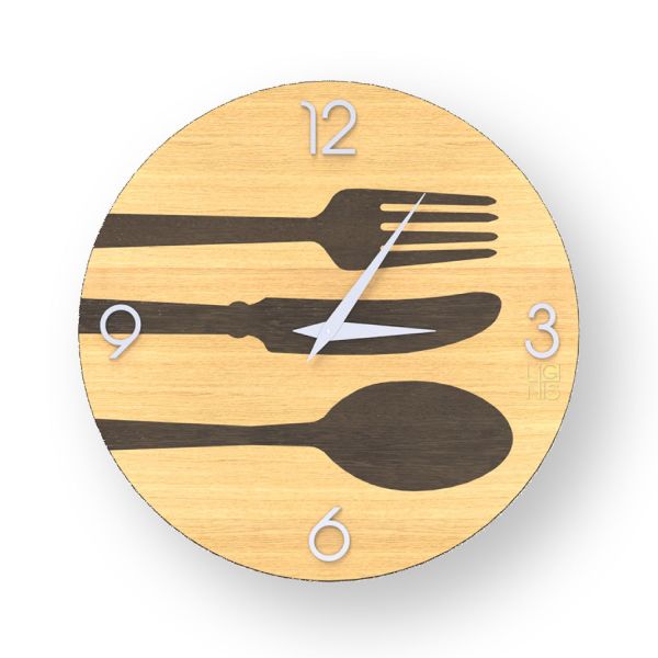 Orologio da cucina design in legno intarsiato a mano Cutlery Warm