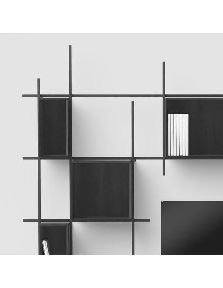 Libreria da parete in tubolare d'acciaio e laminato Etere6-Comp2