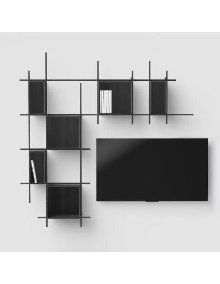 Libreria da parete in tubolare d'acciaio e laminato Etere6-Comp2
