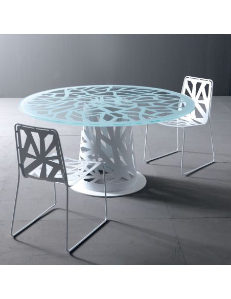 Tavolo rotondo in vetro serigrafato con base in metallo Domino