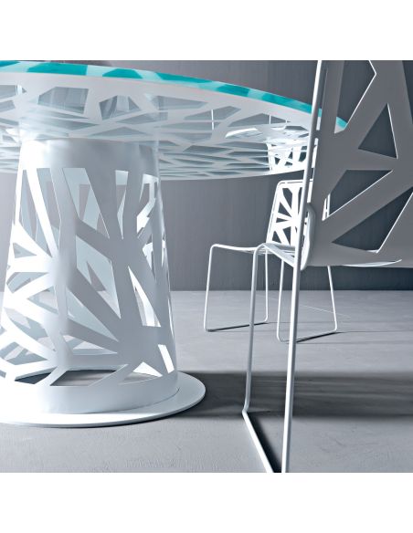 Tavolo rotondo in vetro serigrafato con base in metallo Domino