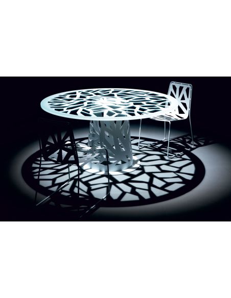 Tavolo rotondo in vetro serigrafato con base in metallo Domino