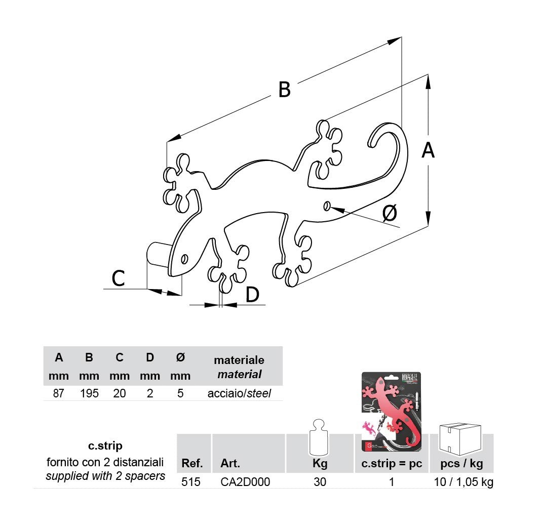 10 appendiabiti a muro in acciaio Geko