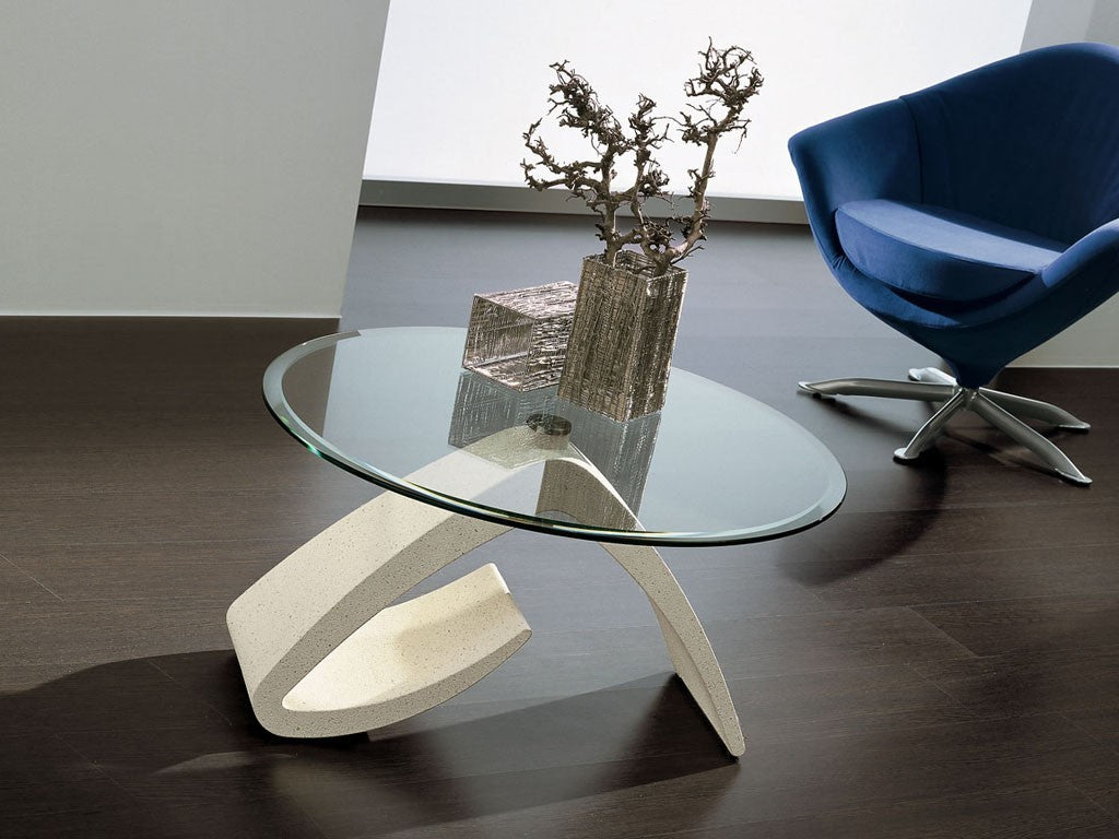 Tavolino con piano in vetro rotondo o ovale bisellato Noel