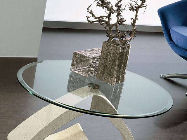 Tavolino con piano in vetro rotondo o ovale bisellato Noel