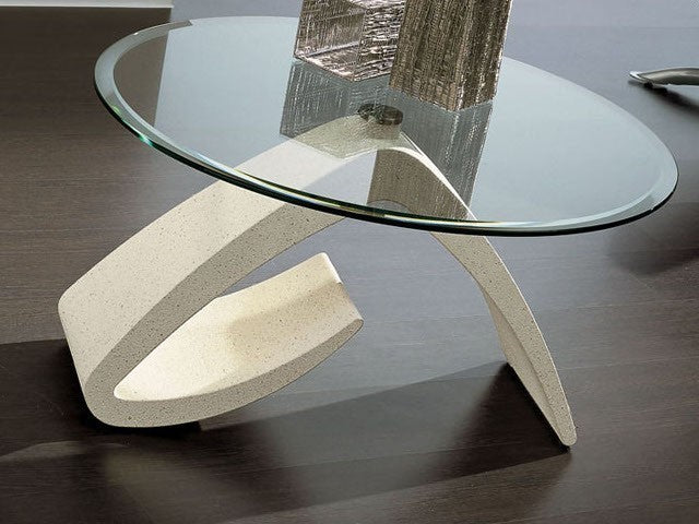 Tavolino con piano in vetro rotondo o ovale bisellato Noel