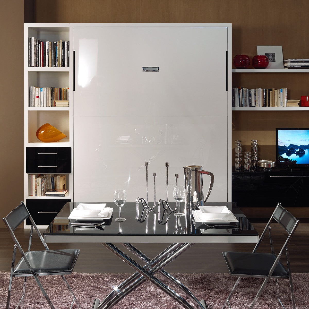 Letto matrimoniale verticale a scomparsa con cassettoni Pratico