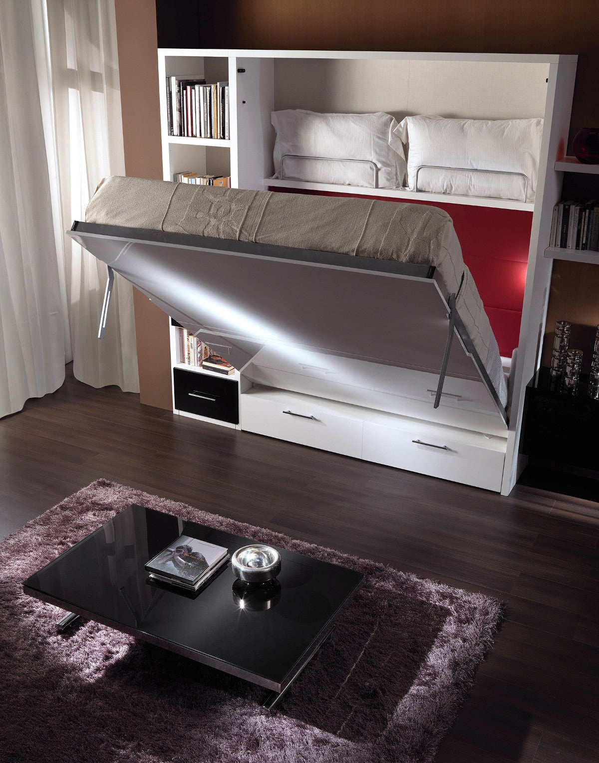 Letto matrimoniale verticale a scomparsa con cassettoni Pratico