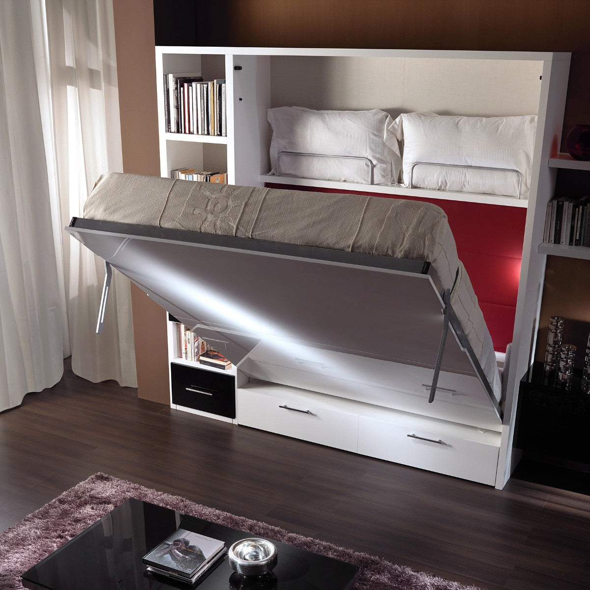 Letto matrimoniale verticale a scomparsa con cassettoni Pratico