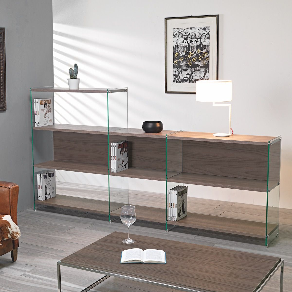 Libreria design Tibor10 divisoria in laminato e vetro