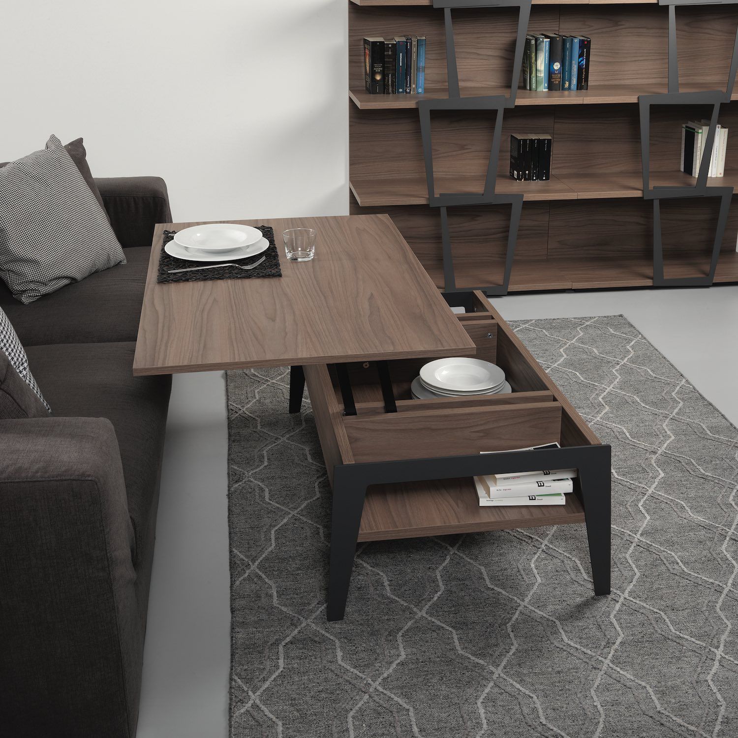 Tavolino da salotto con piano alzabile e contenitore Mintar