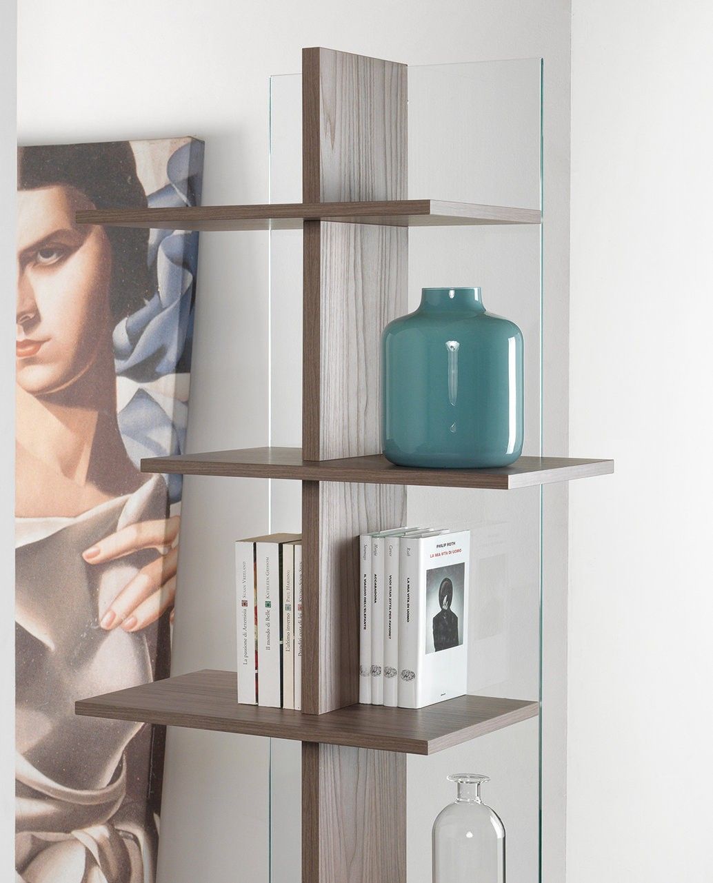 Libreria a colonna in vetro e legno Laddy