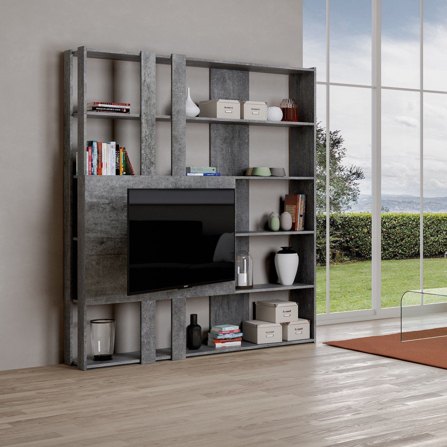 Parete attrezzata con libreria porta TV Inedditah M