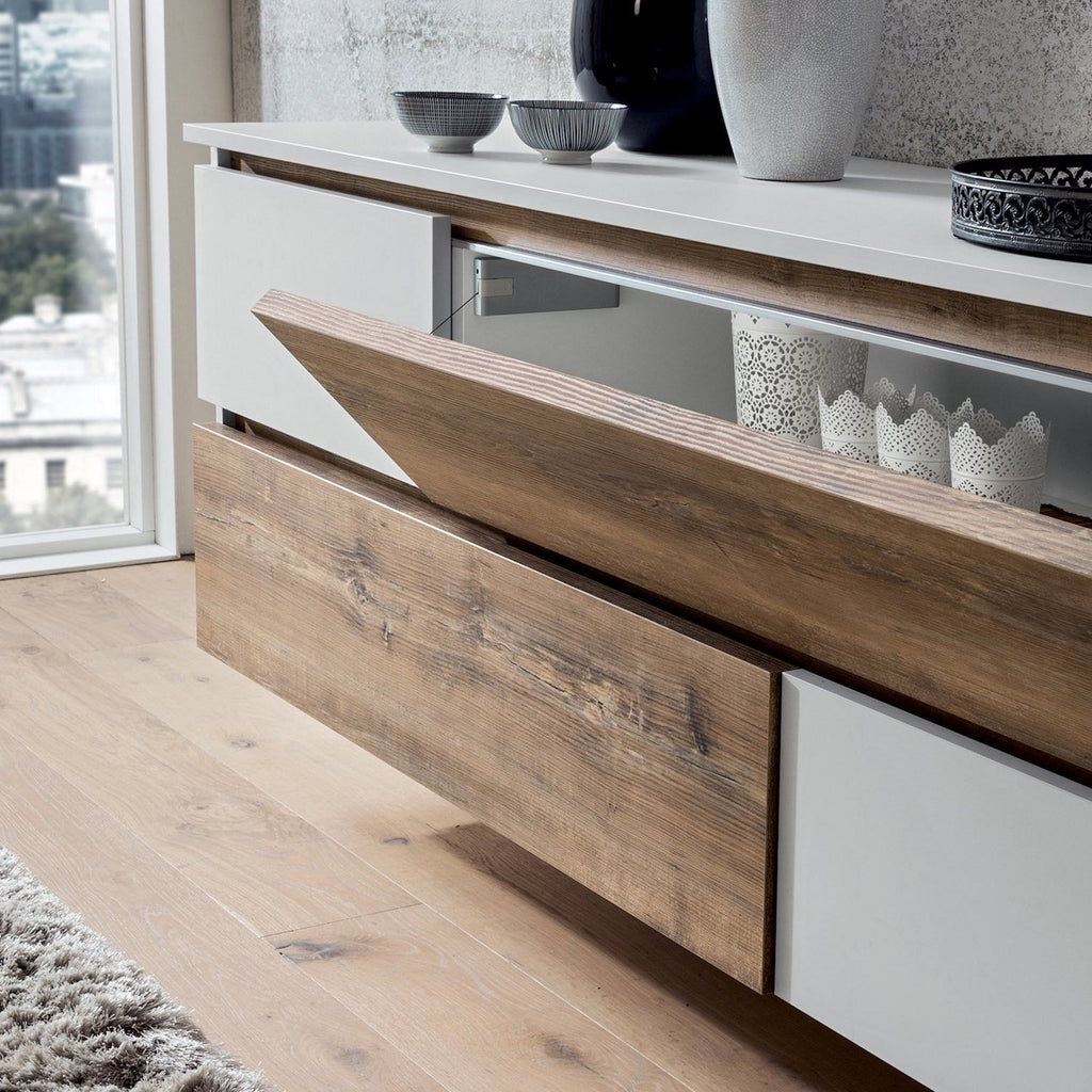 Credenza bassa design moderno in legno bianco e rovere Mikko