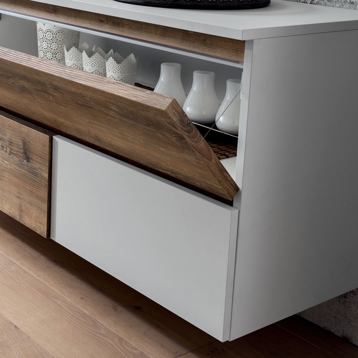 Credenza bassa design moderno in legno bianco e rovere Mikko