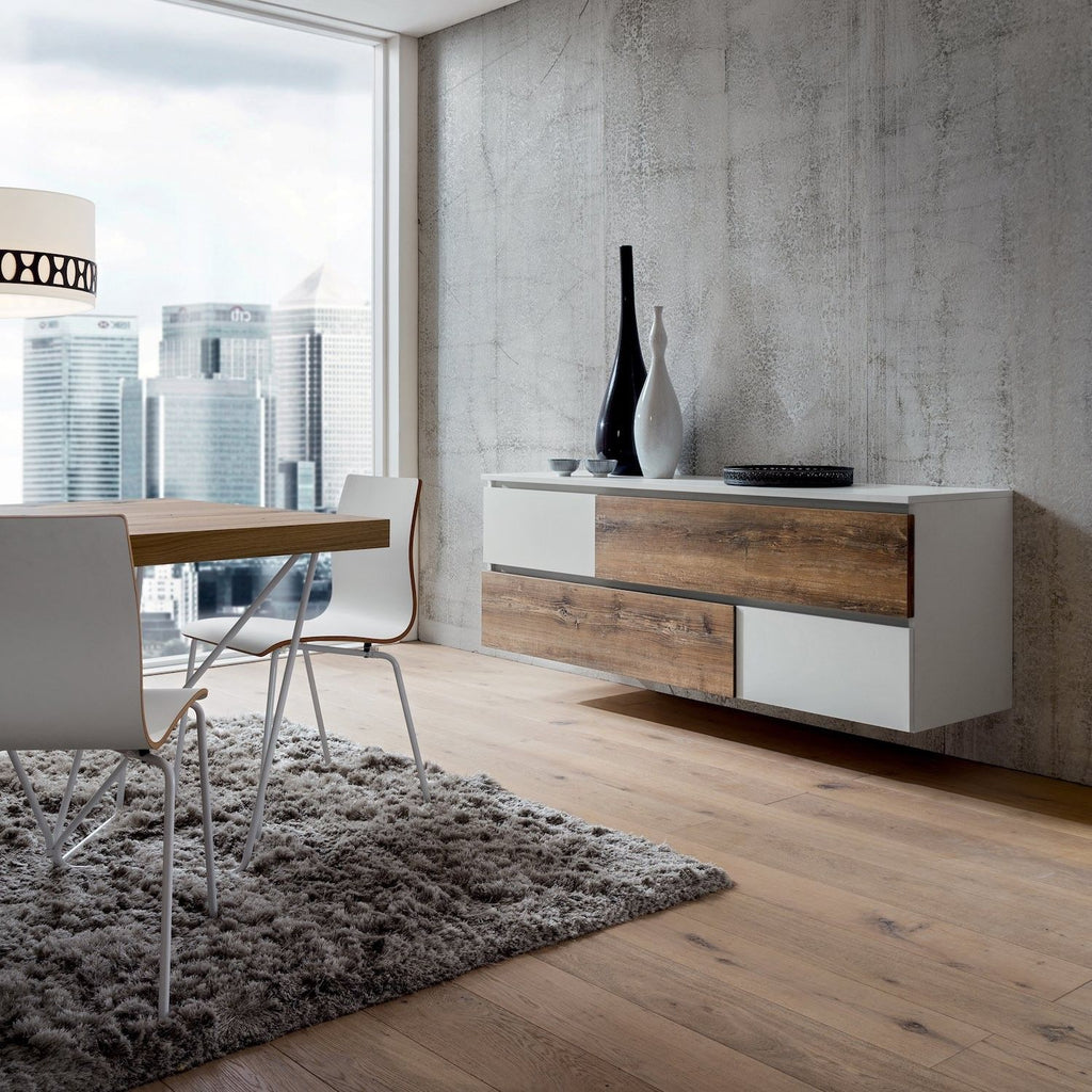 Credenza bassa design moderno in legno bianco e rovere Mikko