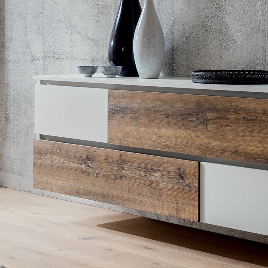 Credenza bassa design moderno in legno bianco e rovere Mikko