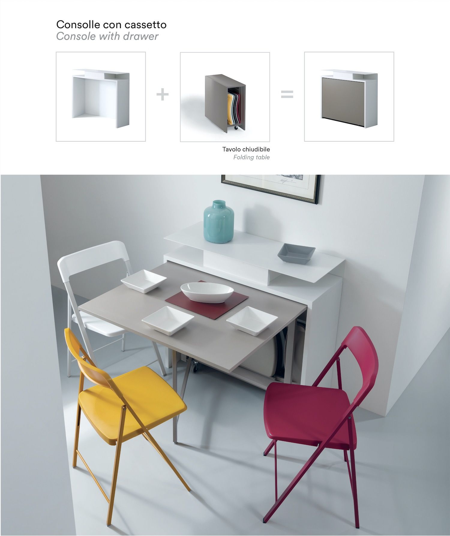 Consolle trasformabile in tavolo con 6 sedie pieghevoli Newton2