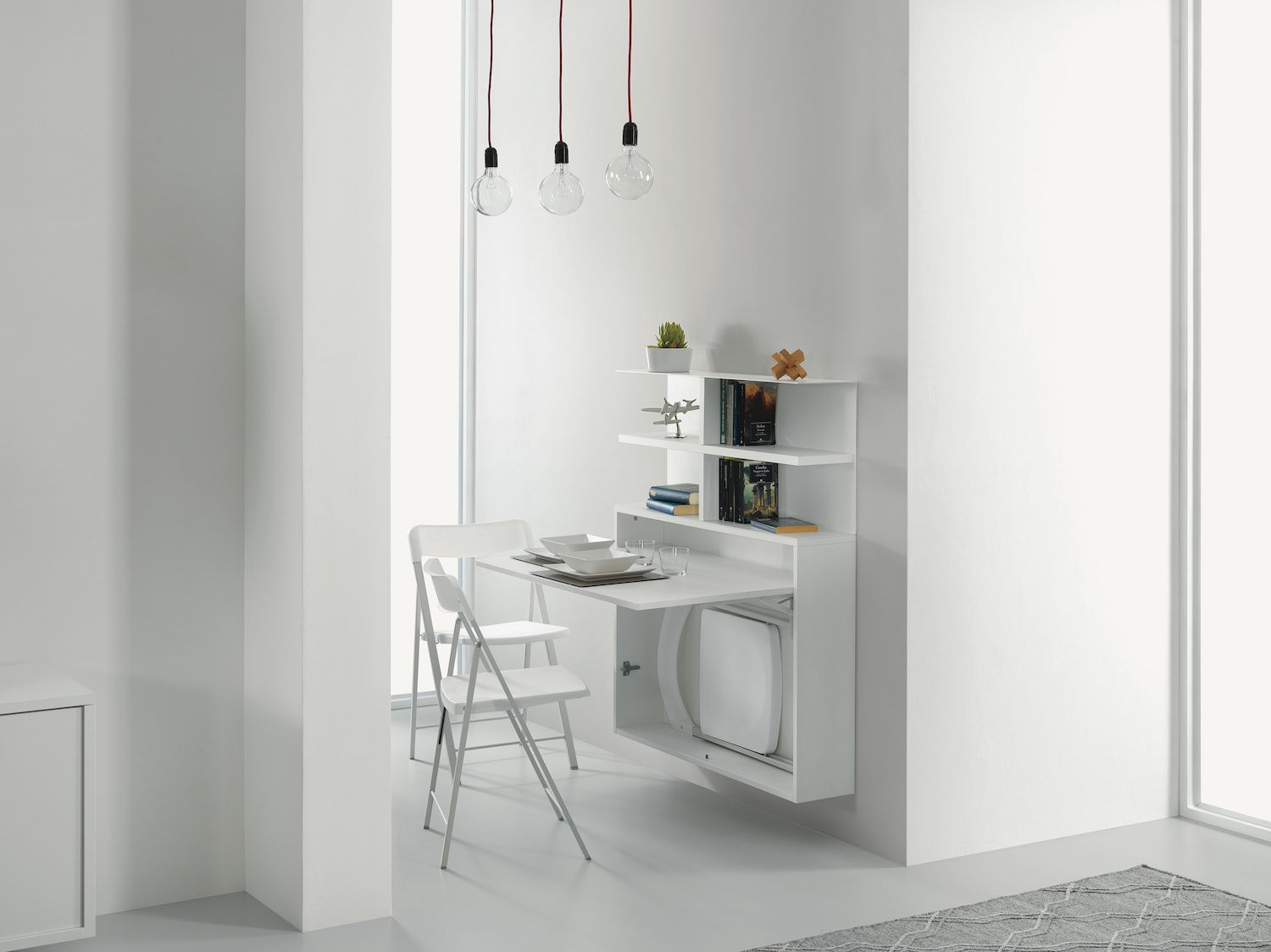 Scrivania a scomparsa con libreria e sedie pieghevoli Jacob