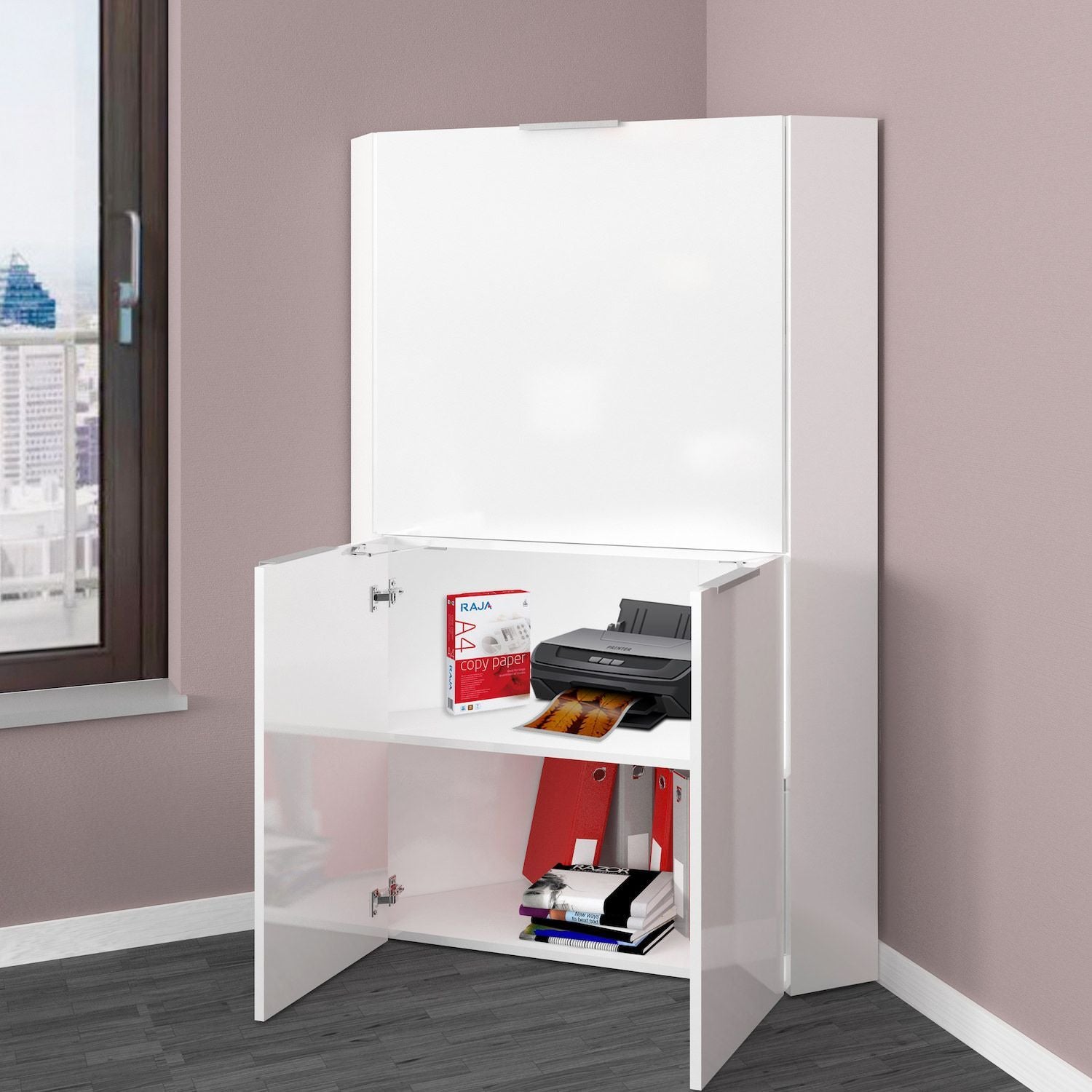 Scrivania angolare a scomparsa con libreria Geometry