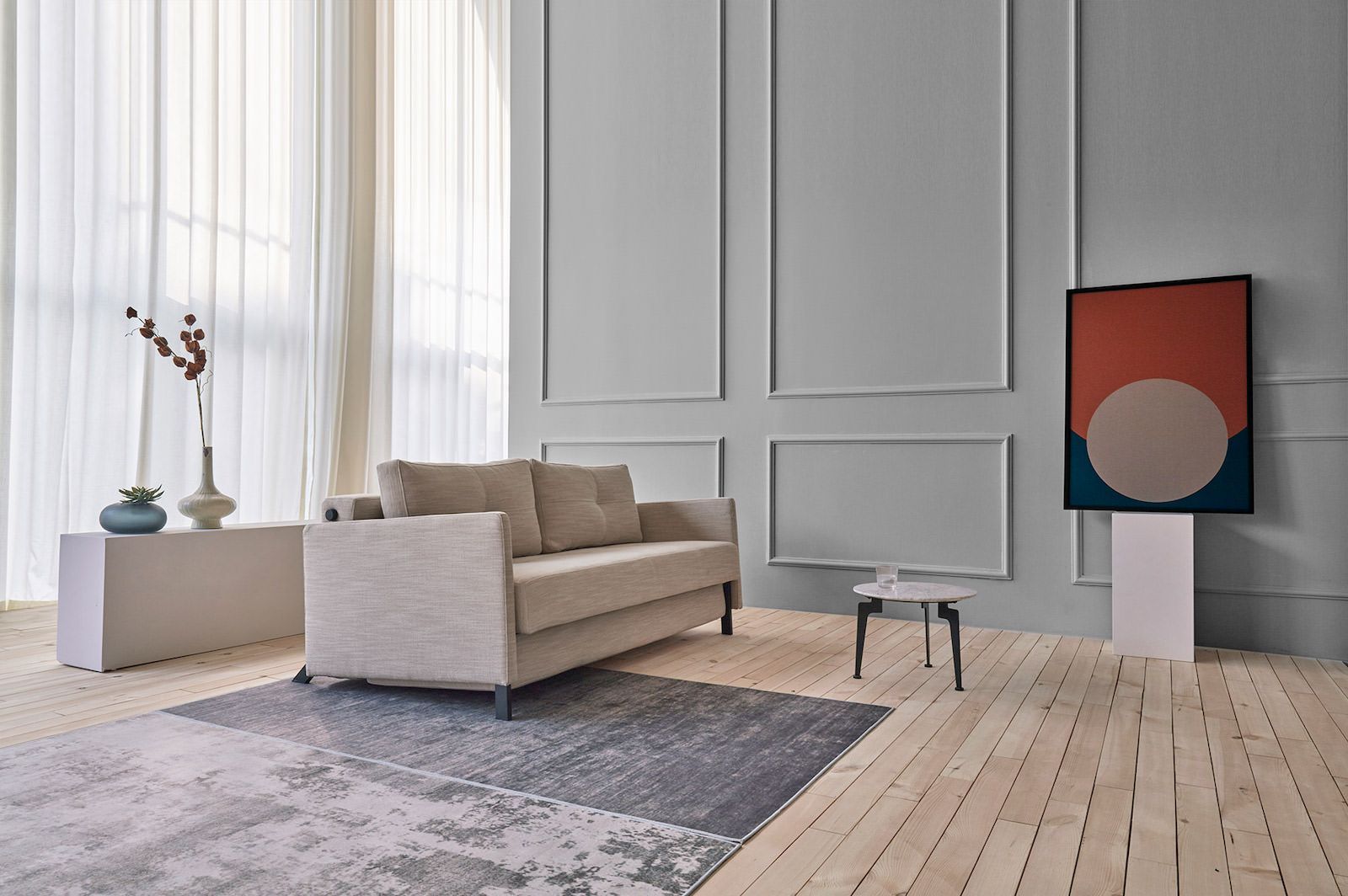 Divano letto Cubed Arm con braccioli convertibile salvaspazio 140 cm - 612 Blida Sand Grey