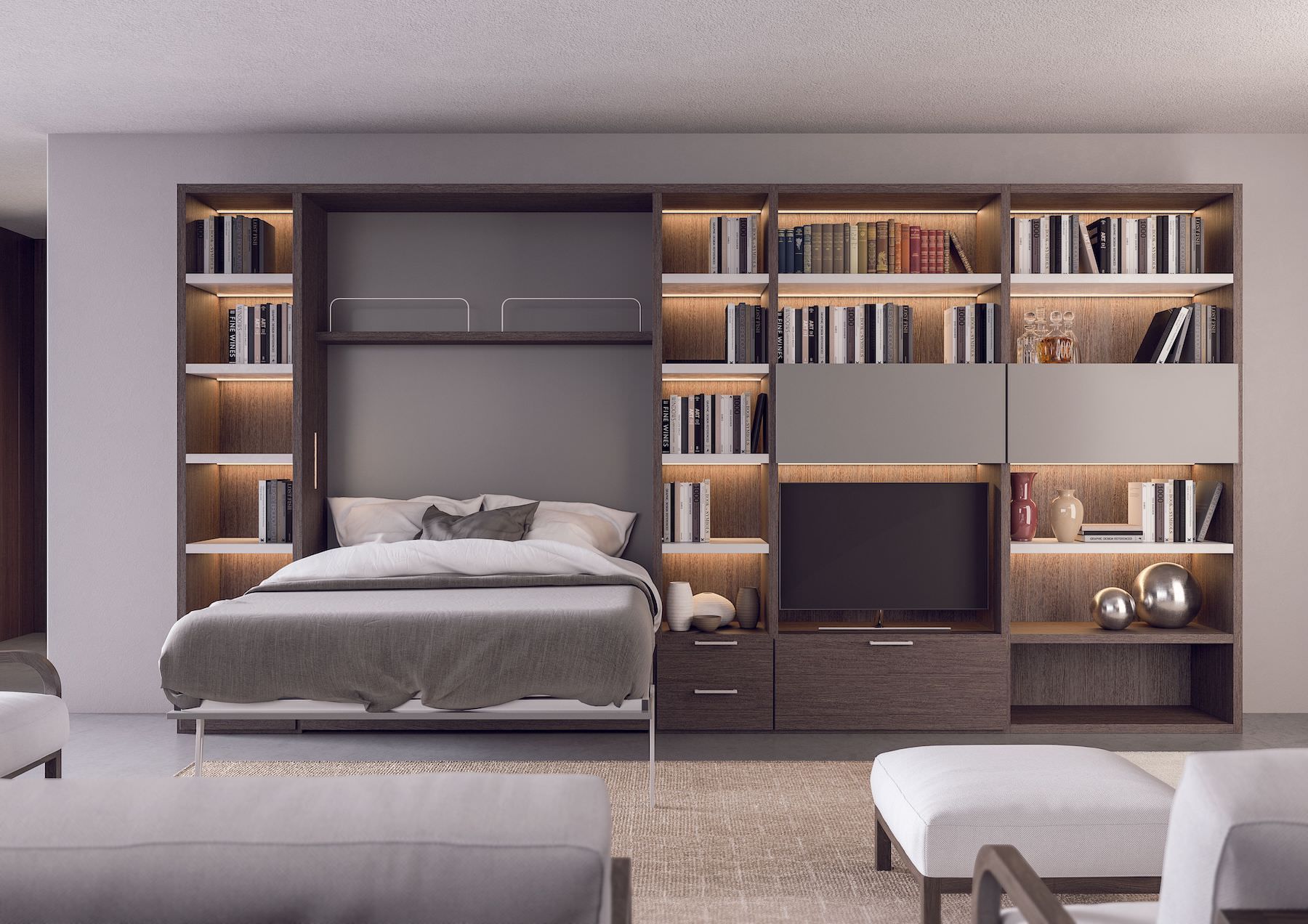 Letto matrimoniale verticale a scomparsa con cassettoni Pratico