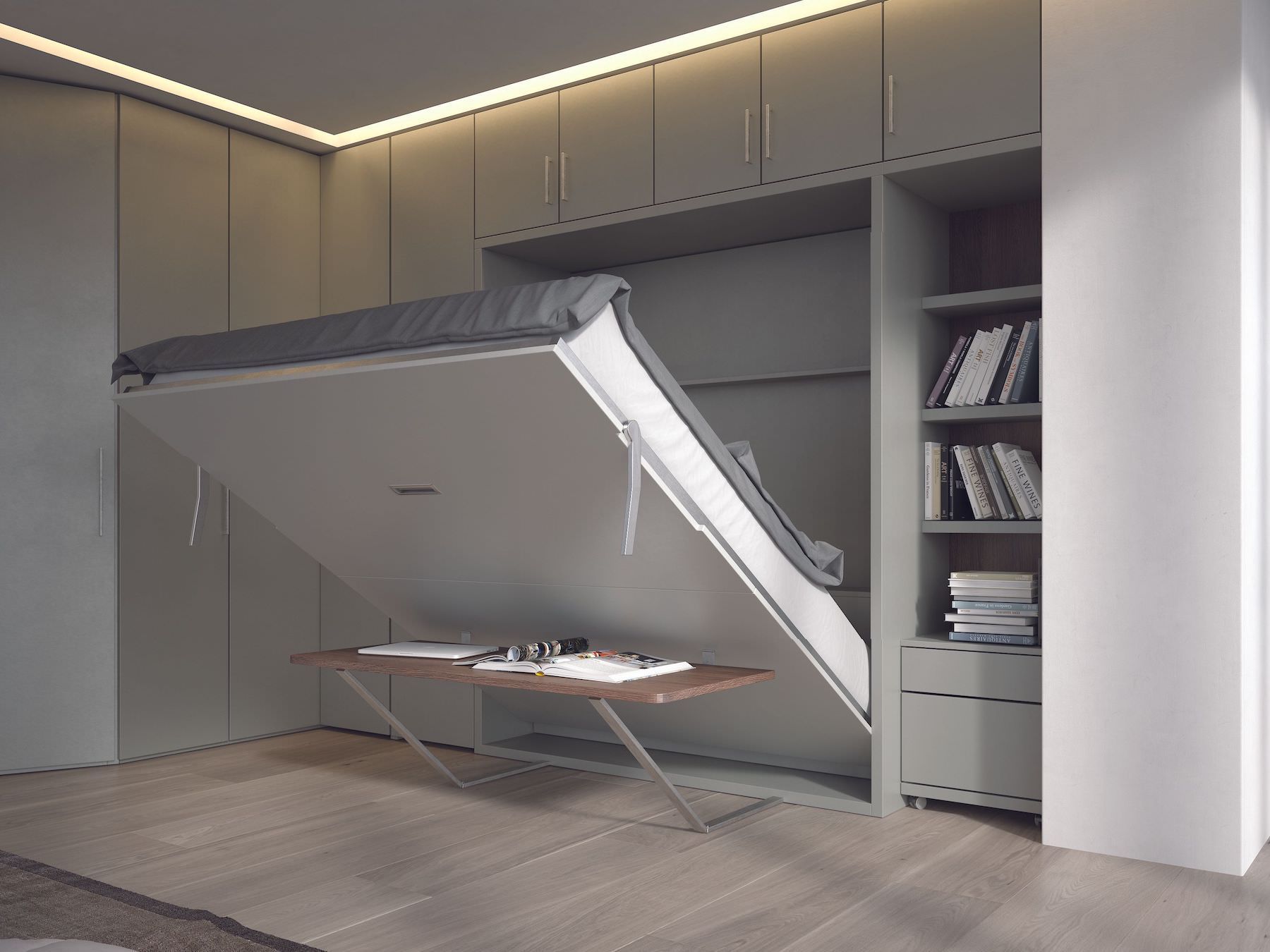 Letto matrimoniale verticale a scomparsa con cassettoni Pratico